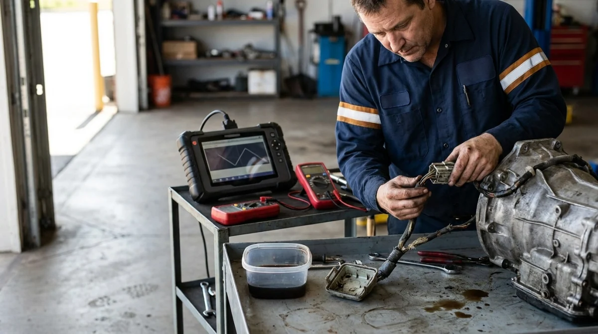 Technician inspecting transmission wiring and connectors while diagnosing common P0750 code causes