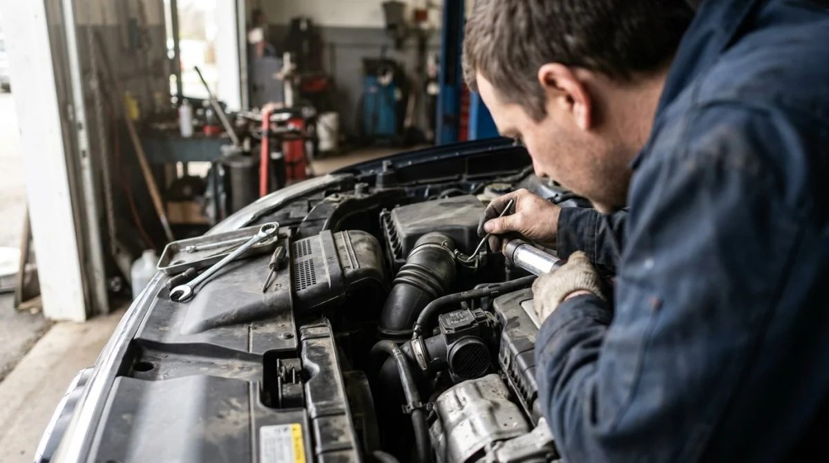 Technician inspecting intake hoses, MAF area, throttle body, and charge-air connections for P1101