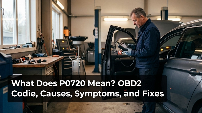 Technician diagnosing what P0720 means with an OBD2 scanner beside a modern vehicle.
