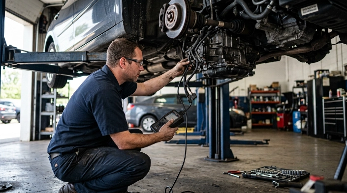 Technician tracing an output speed sensor circuit while diagnosing what P0720 means.