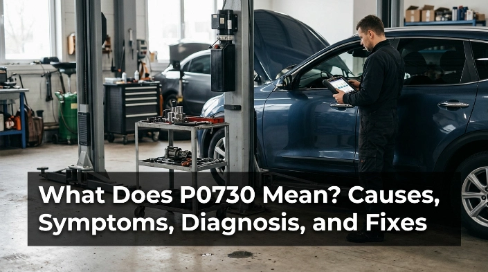Technician diagnosing what P0730 means using an OBD2 scanner beside a vehicle