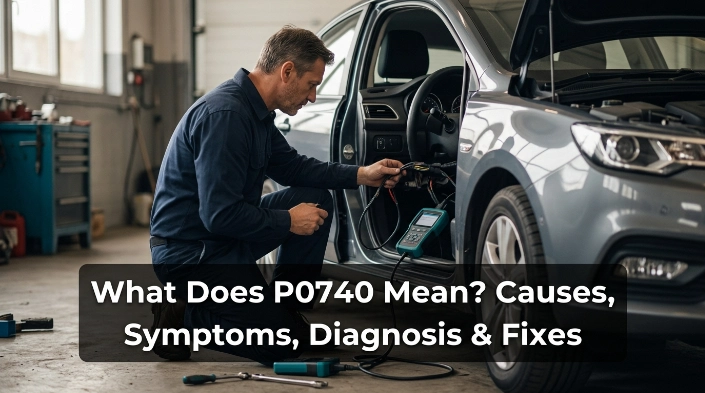 What does P0740 mean? Technician diagnosing a torque converter clutch circuit fault with an OBD2 scanner.