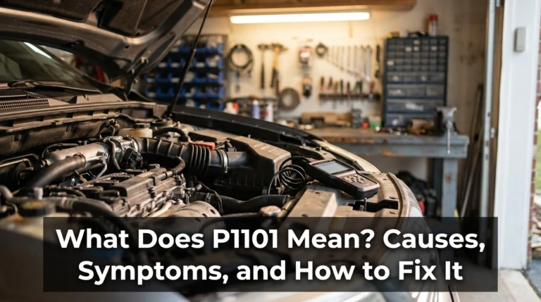 OBD2 scanner beside engine intake components illustrating what P1101 means