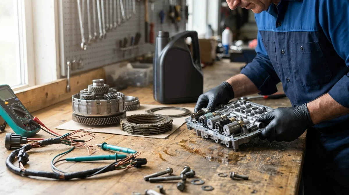 Mechanic inspecting solenoid, valve body, wiring, and transmission components during P0750 repair