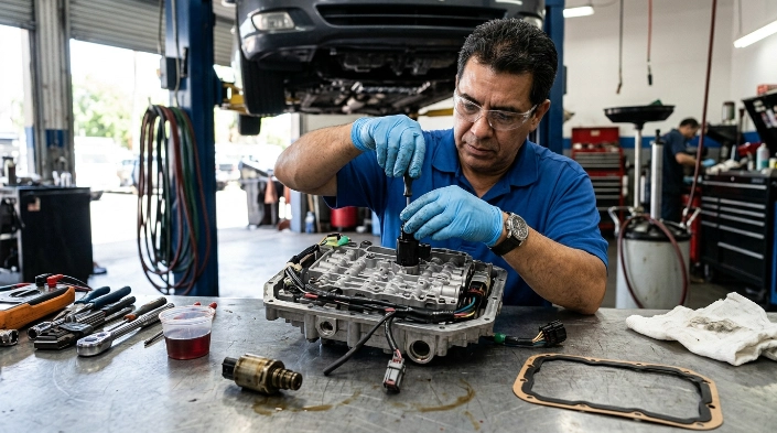What does P0750 mean repair scene showing shift solenoid, wiring, valve body and transmission fluid