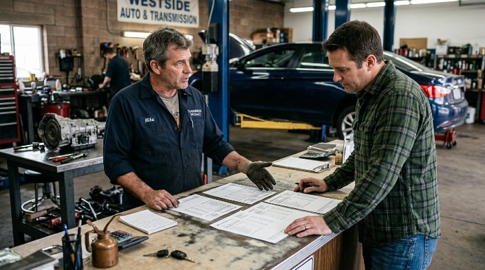 Customer and transmission technician comparing repair options before approving a P0730 repair cost