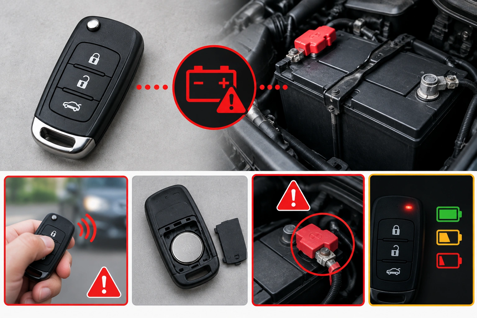 Car key fob and vehicle battery troubleshooting concept