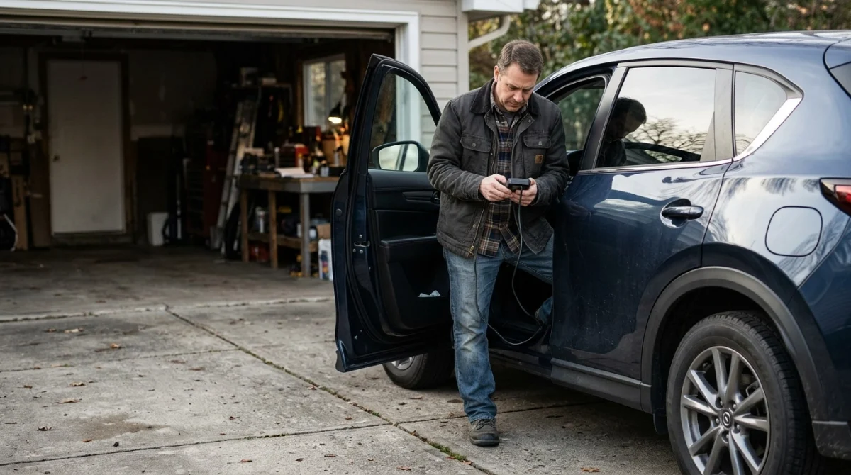 Car owner checks an OBD2 scanner and prepares a vehicle before an emissions test.