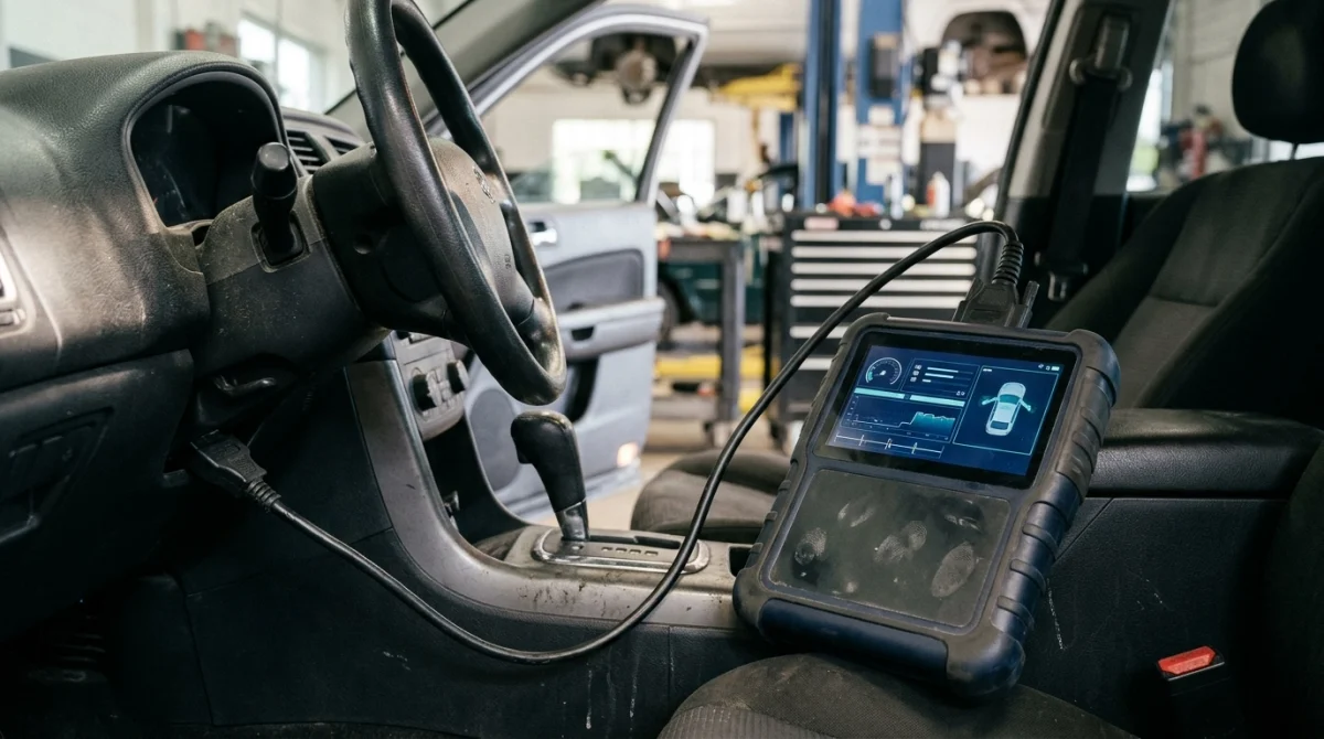 OBD2 scan tool connected to a vehicle for bidirectional control and electronic diagnostics.