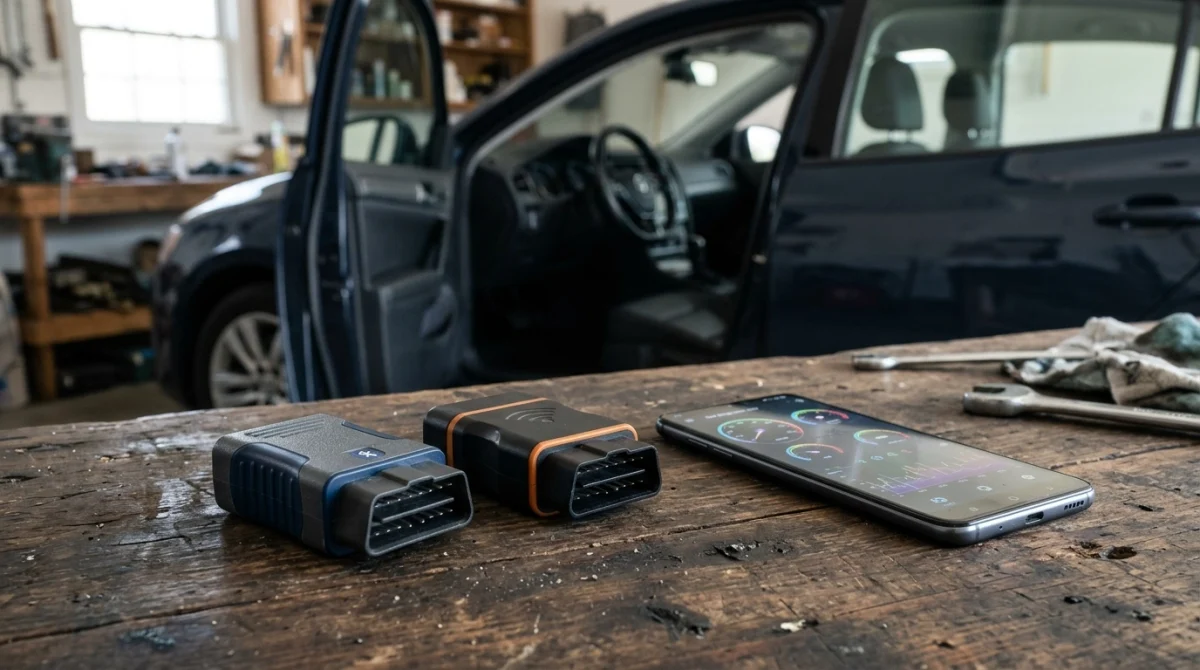 Bluetooth and Wi-Fi OBD2 diagnostic adapters beside an Android phone in a garage.