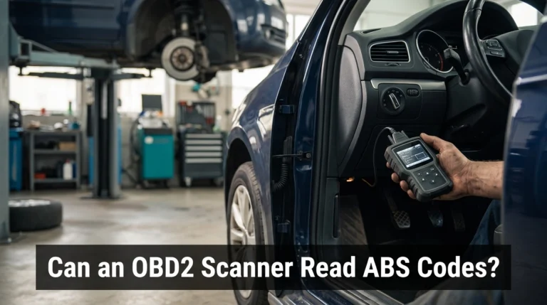 OBD2 scanner beside a modern car in a diagnostic garage for ABS code reading.