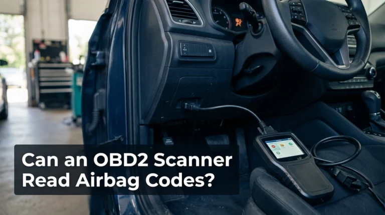 OBD2 scanner connected beneath a car dashboard for airbag code diagnostics.