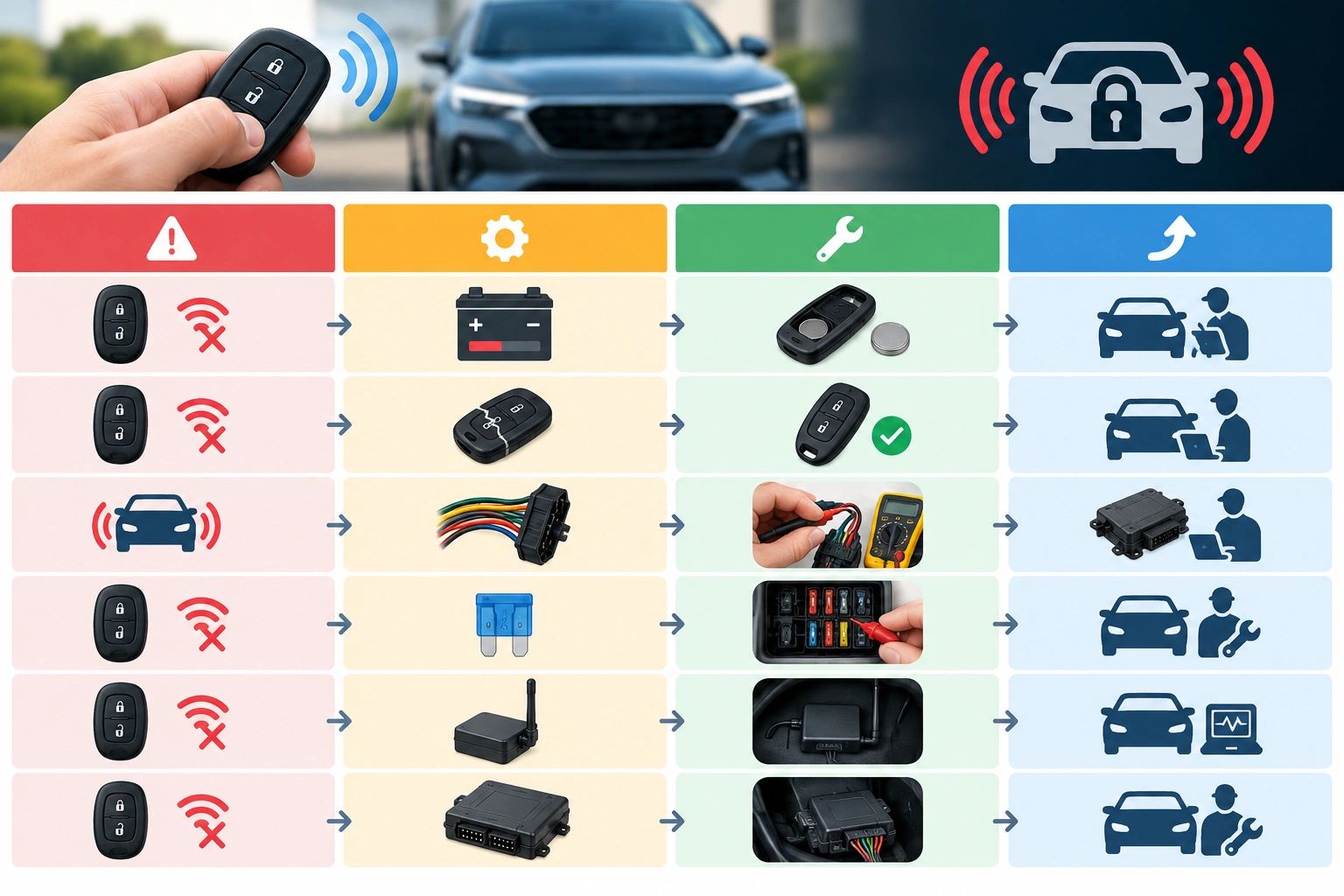 Comparison table for diagnosing why a car alarm is not responding to the key fob