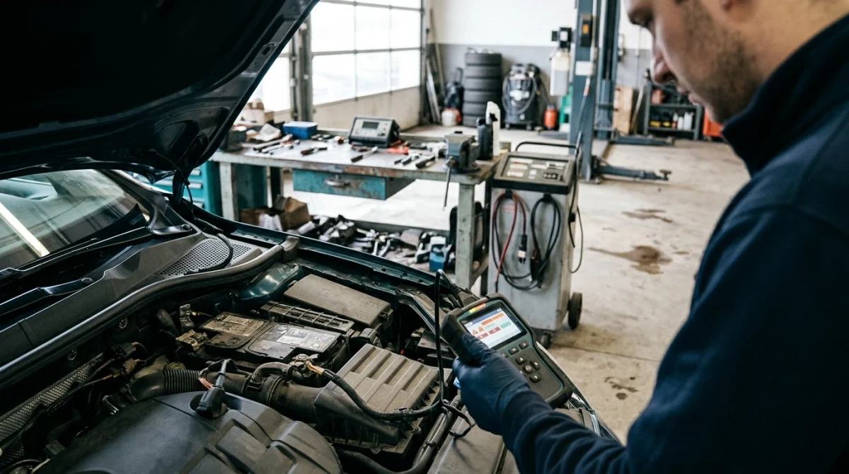 Technician inspecting a car battery and diagnostic scanner while troubleshooting registration failure.