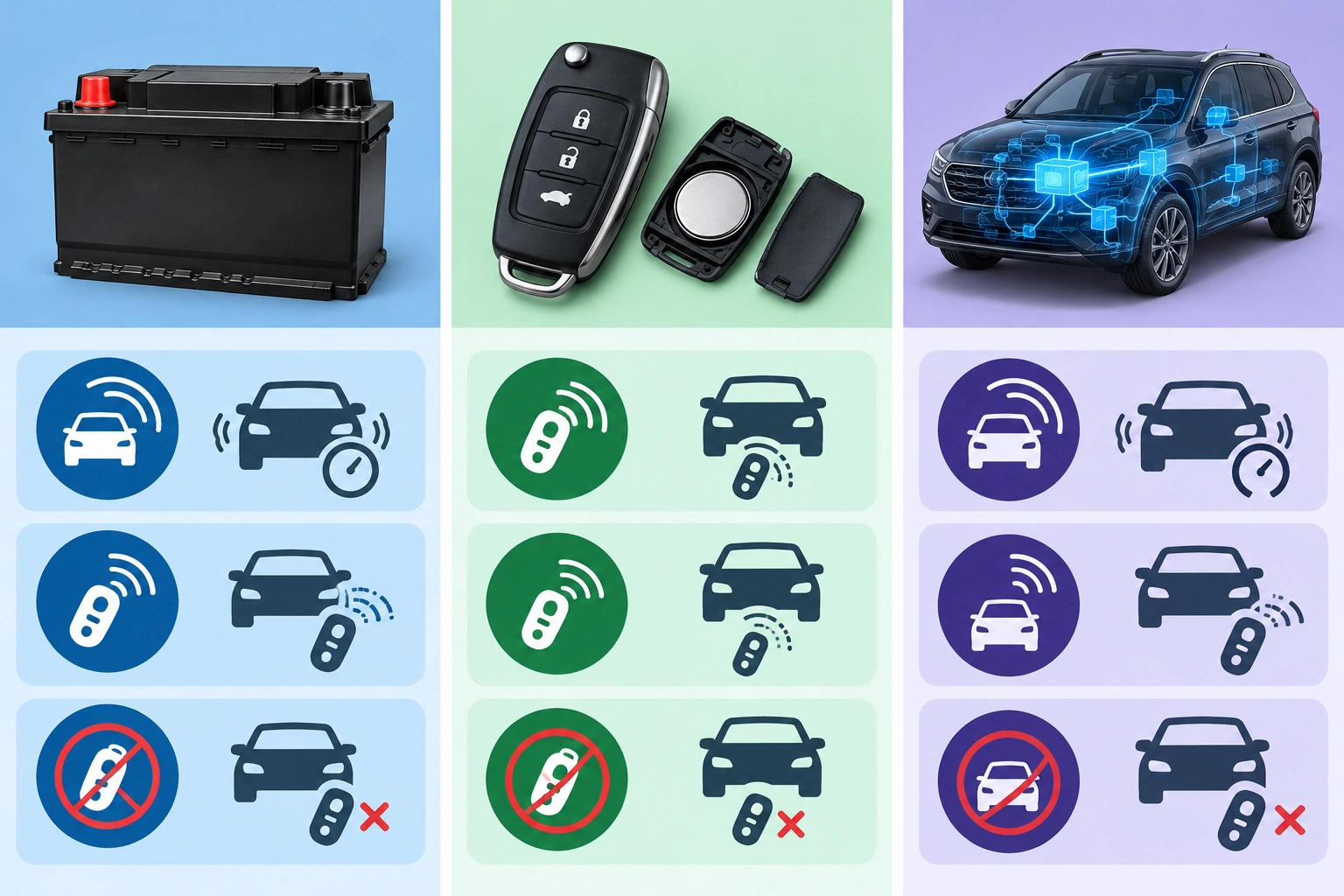 Comparison chart showing car battery, key fob battery, and keyless entry system symptoms