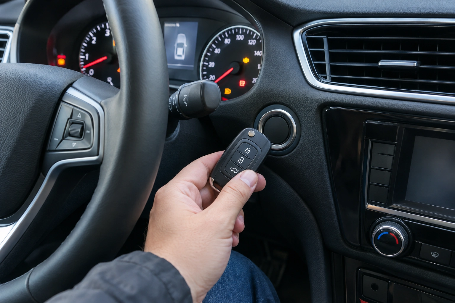 Driver holding a key fob near a push-to-start button