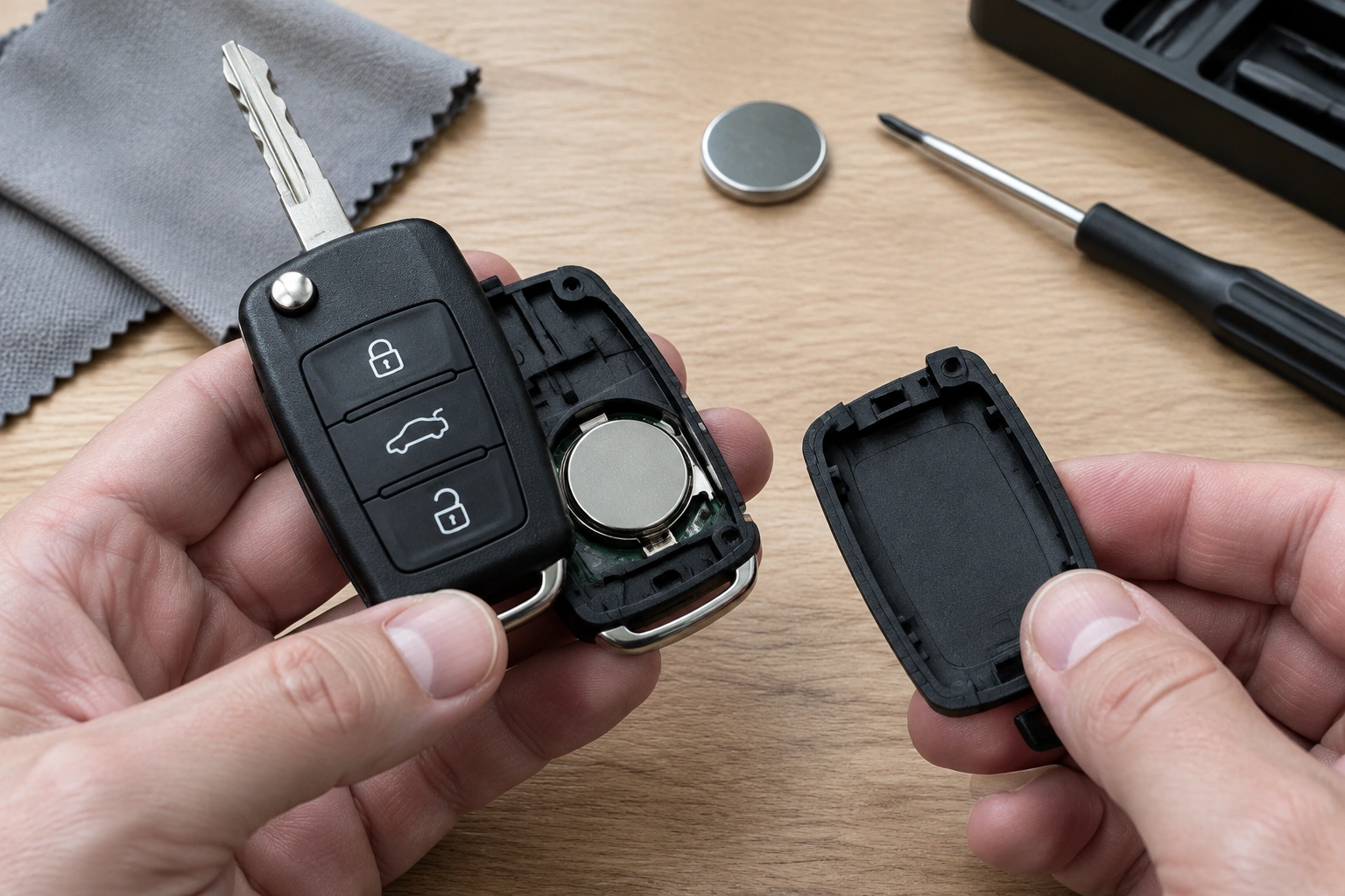 Hands inspecting a car key fob for a stuck button or damaged casing