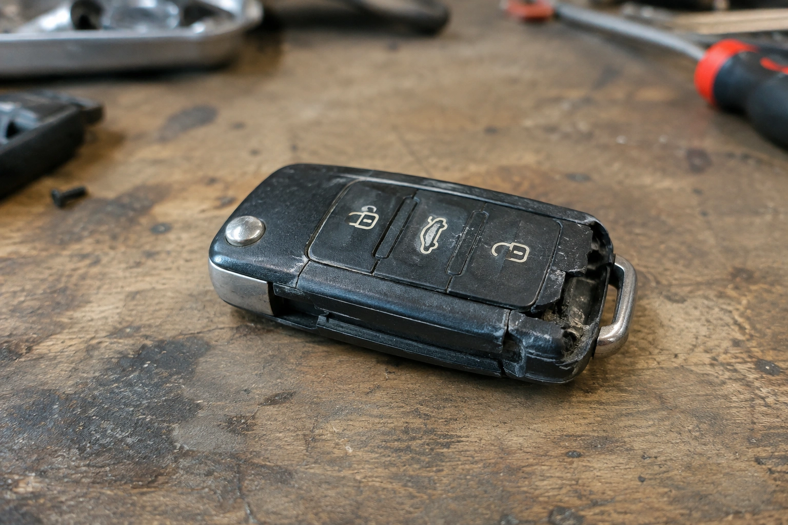 Car key fob with cracked case and worn buttons