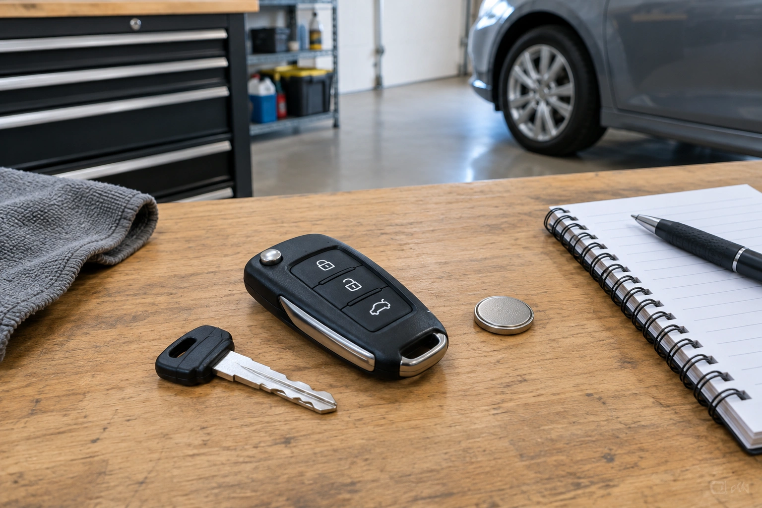 Car key fob troubleshooting on a workbench