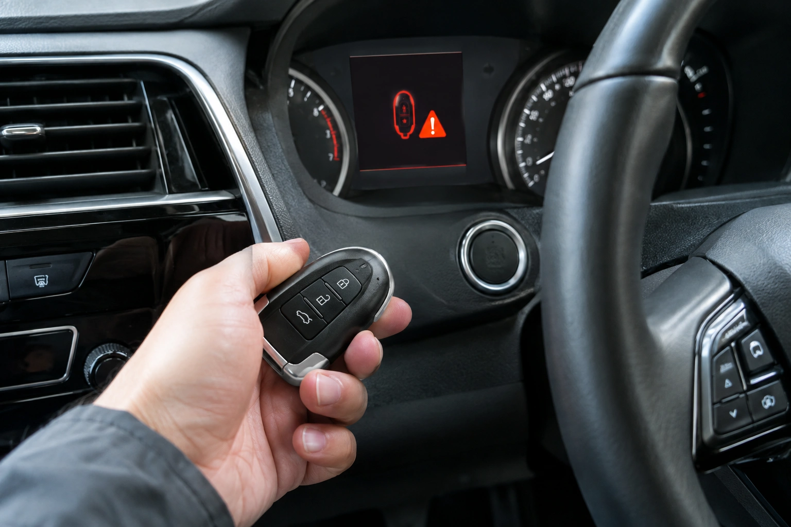 Driver checking a smart key and dashboard warning before troubleshooting a push-button start no-start issue
