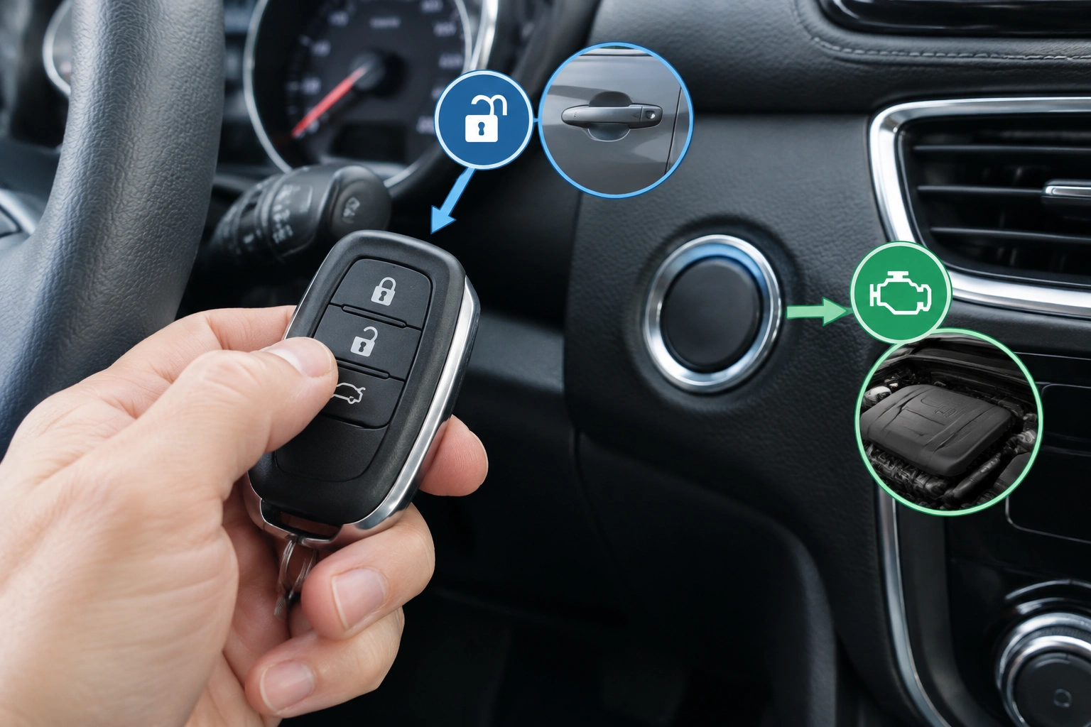 Car key fob beside a push-button start vehicle dashboard
