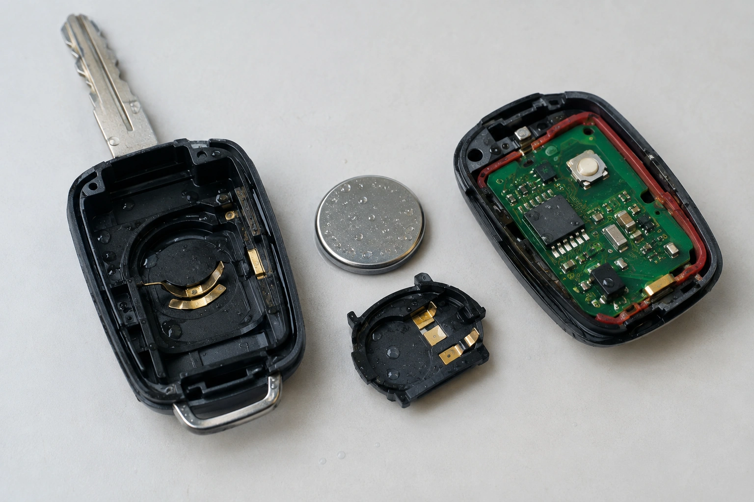 Opened car key fob with battery and circuit board visible