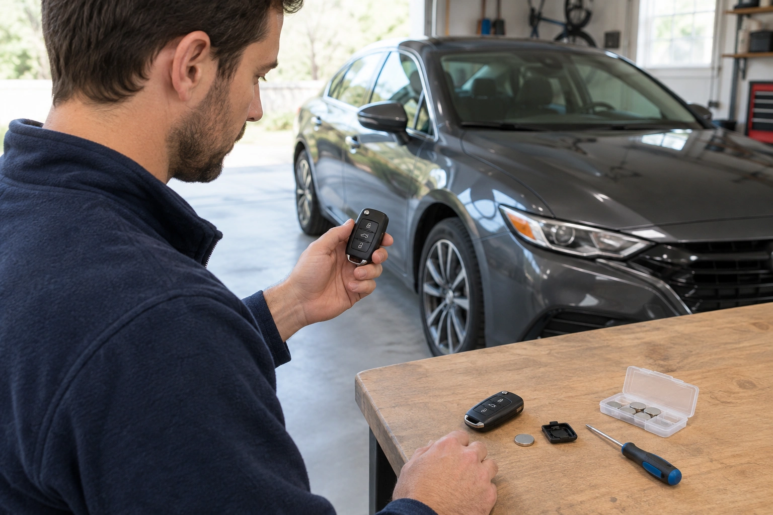 Car owner testing a key fob near the vehicle