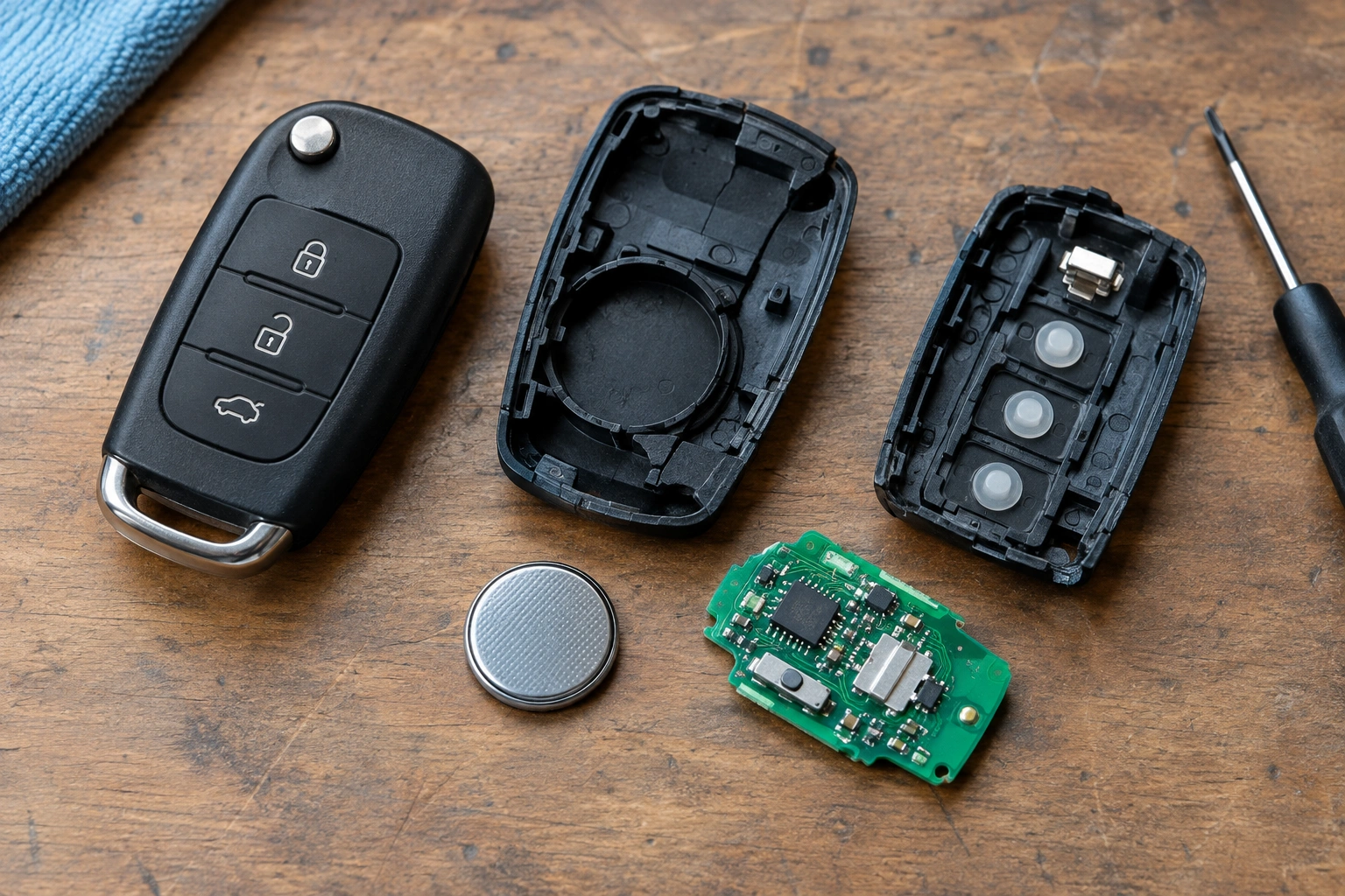 Broken car key fob with battery and shell parts beside it