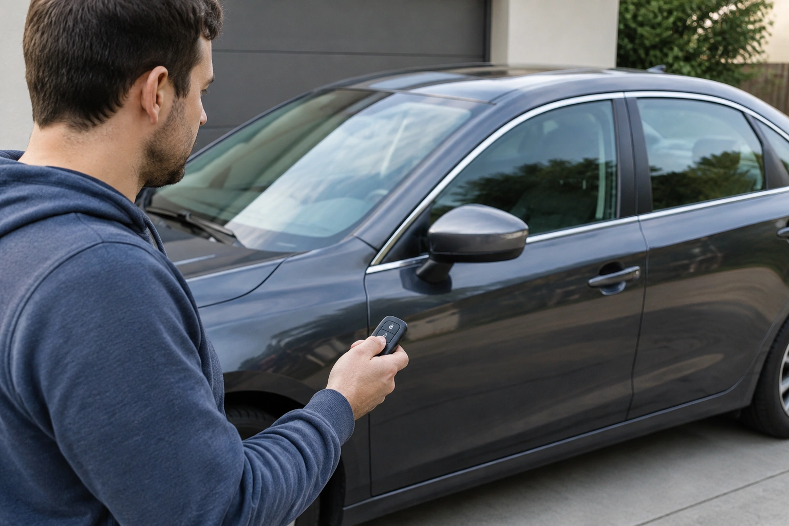 Car owner testing whether a key fob lock problem is in the remote or the car