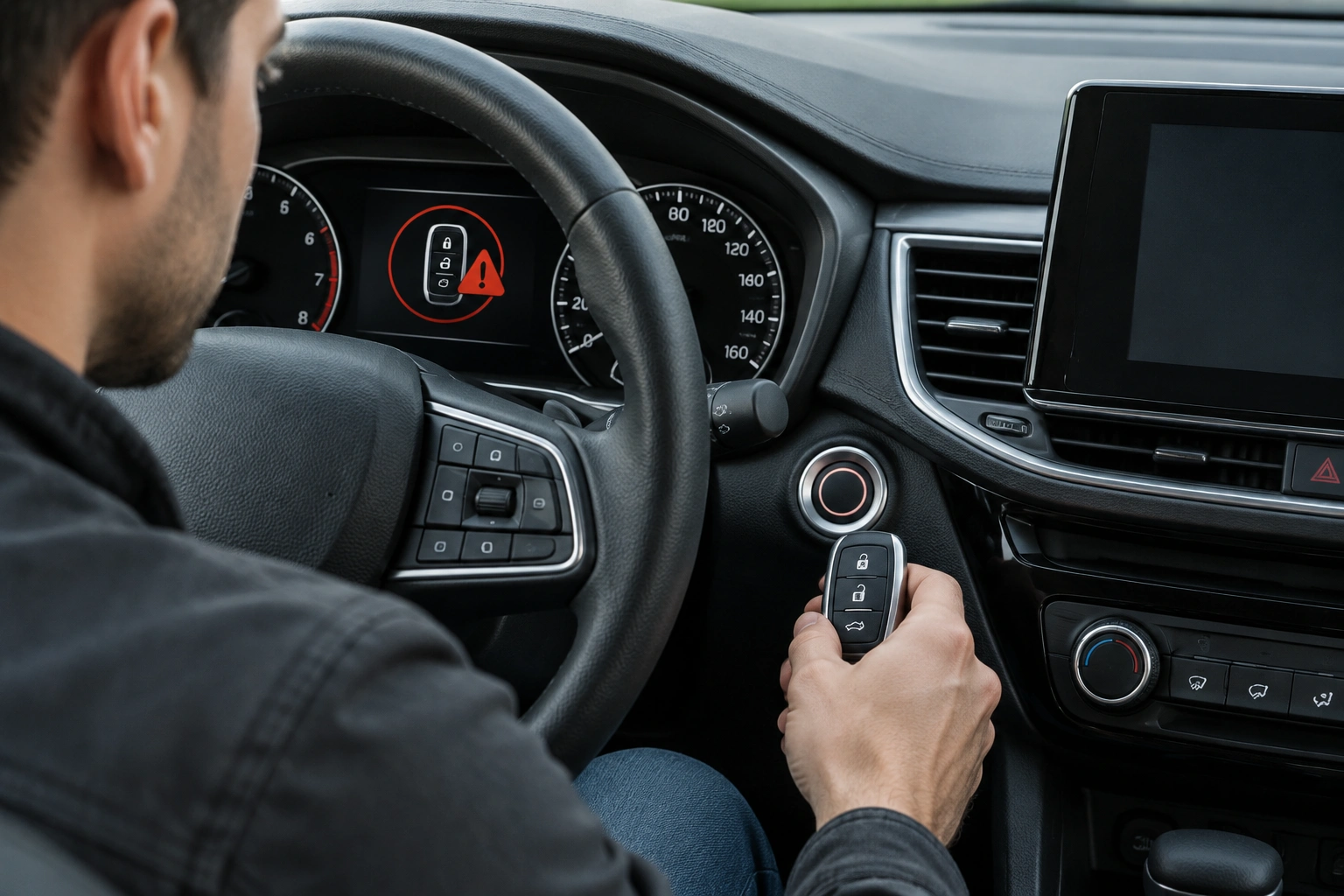 Driver holding a key fob near a push-button start