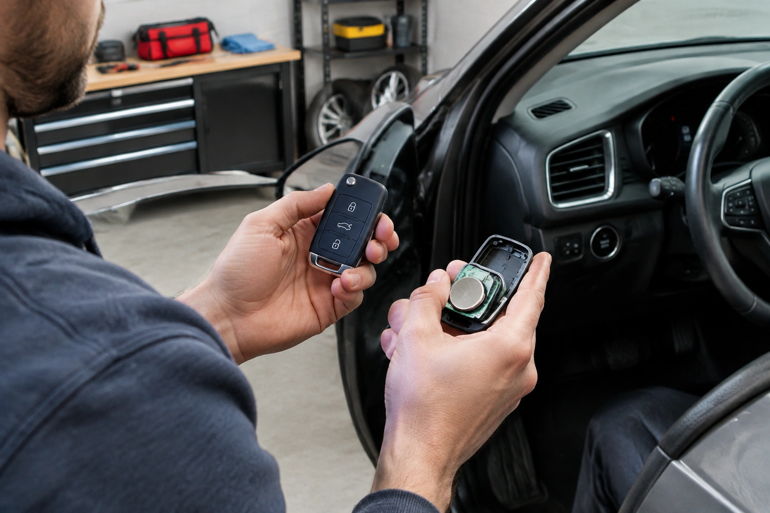 Car owner troubleshooting a key fob battery after a no-start problem