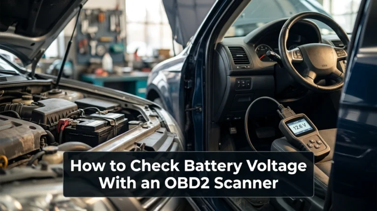 How to check battery voltage with an OBD2 scanner connected to a vehicle.