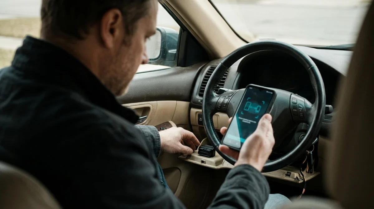 Driver checking an Android phone and OBD2 adapter near the car's diagnostic port.