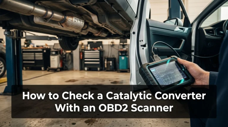 OBD2 scanner connected to a car during a catalytic converter diagnostic check.