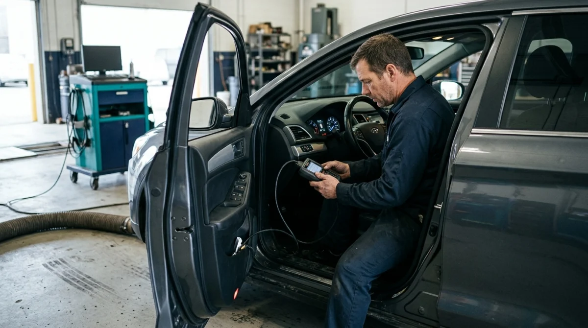 Technician checks OBD2 readiness on a car with its check engine light off.