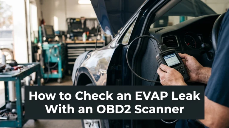 Technician using an OBD2 scanner to check an EVAP leak in a modern car.