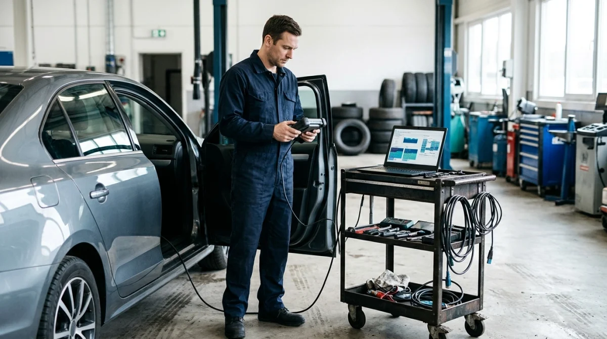 Technician checking an automotive diagnostic scanner beside a modern vehicle in a workshop.