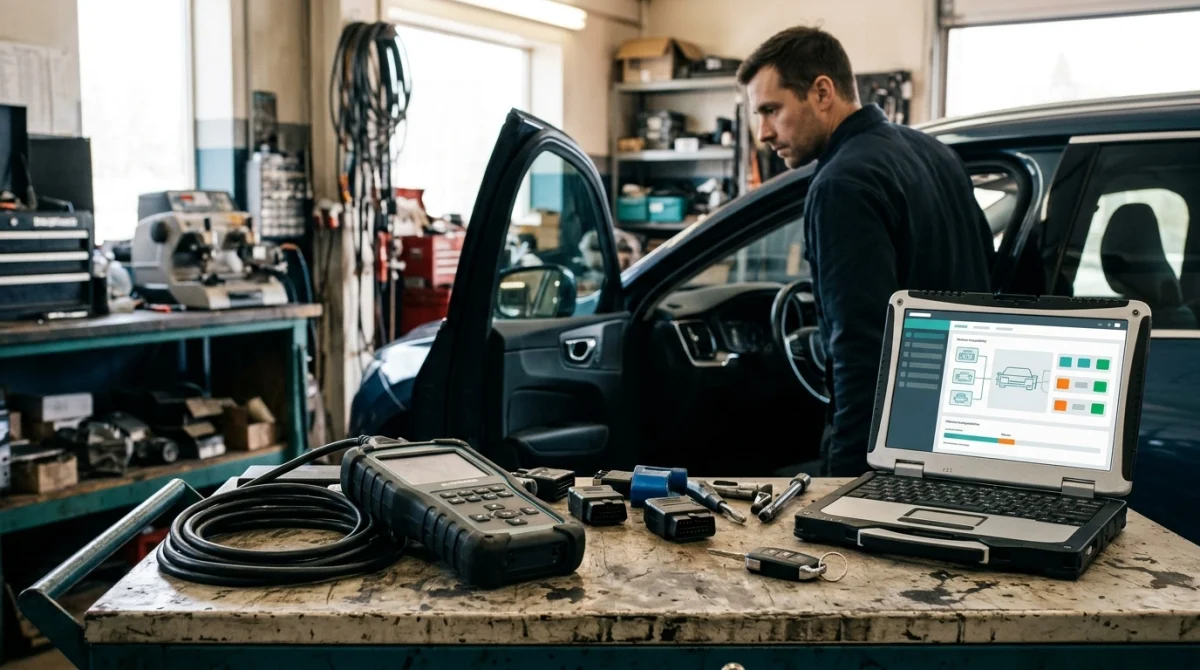 Automotive diagnostic scanner, key fob, and laptop arranged for scan tool compatibility checks.