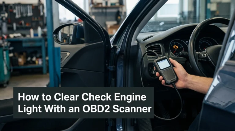 How to clear check engine light with an OBD2 scanner connected beneath a car dashboard.