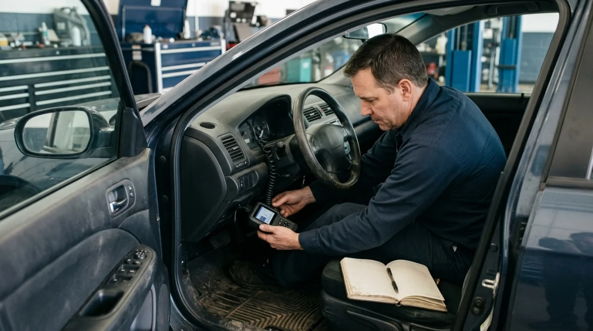 Technician connecting an OBD2 scanner beneath a car dashboard to read engine trouble codes.