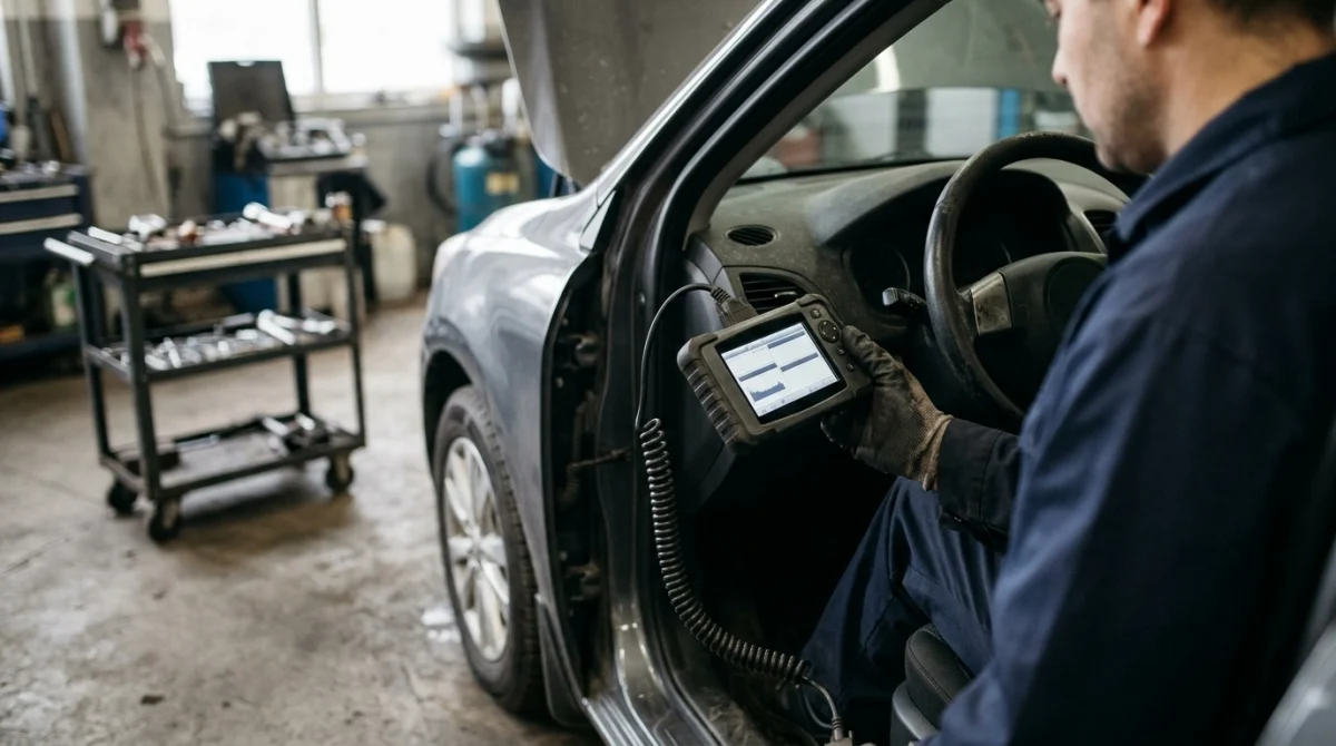 Technician using an ABS-capable OBD2 scanner to verify a vehicle repair.