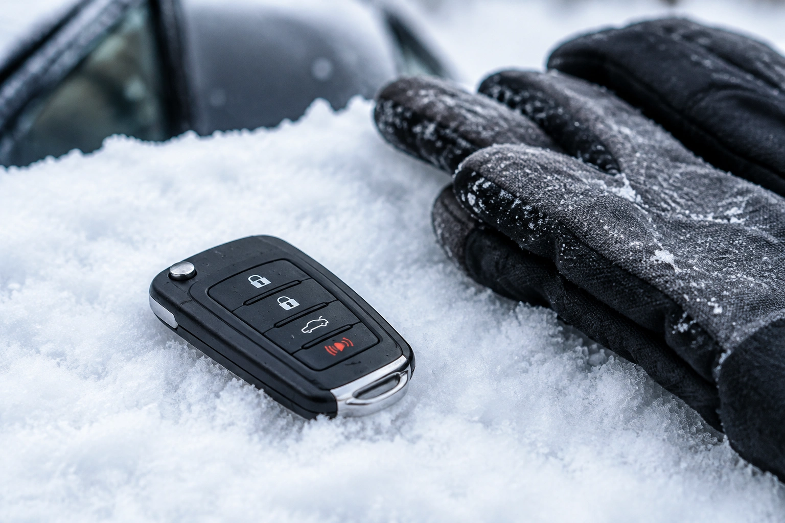 Car key fob sitting in a winter coat pocket near snow