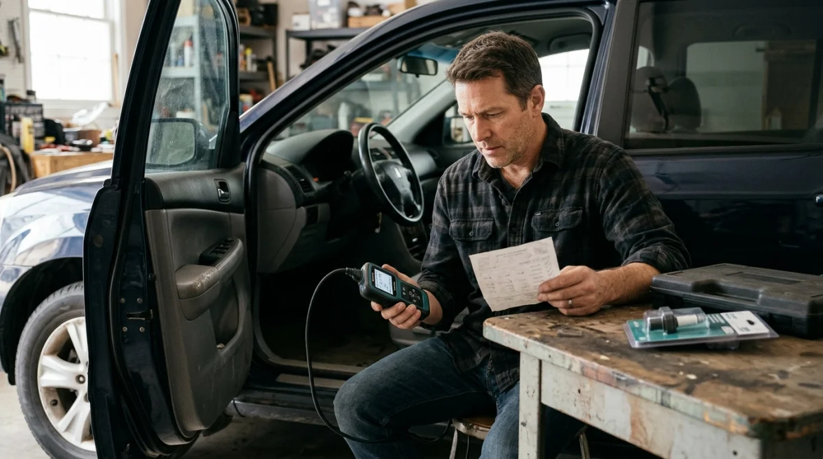 Vehicle owner comparing an OBD2 scanner and diagnostic report before replacing an automotive component.