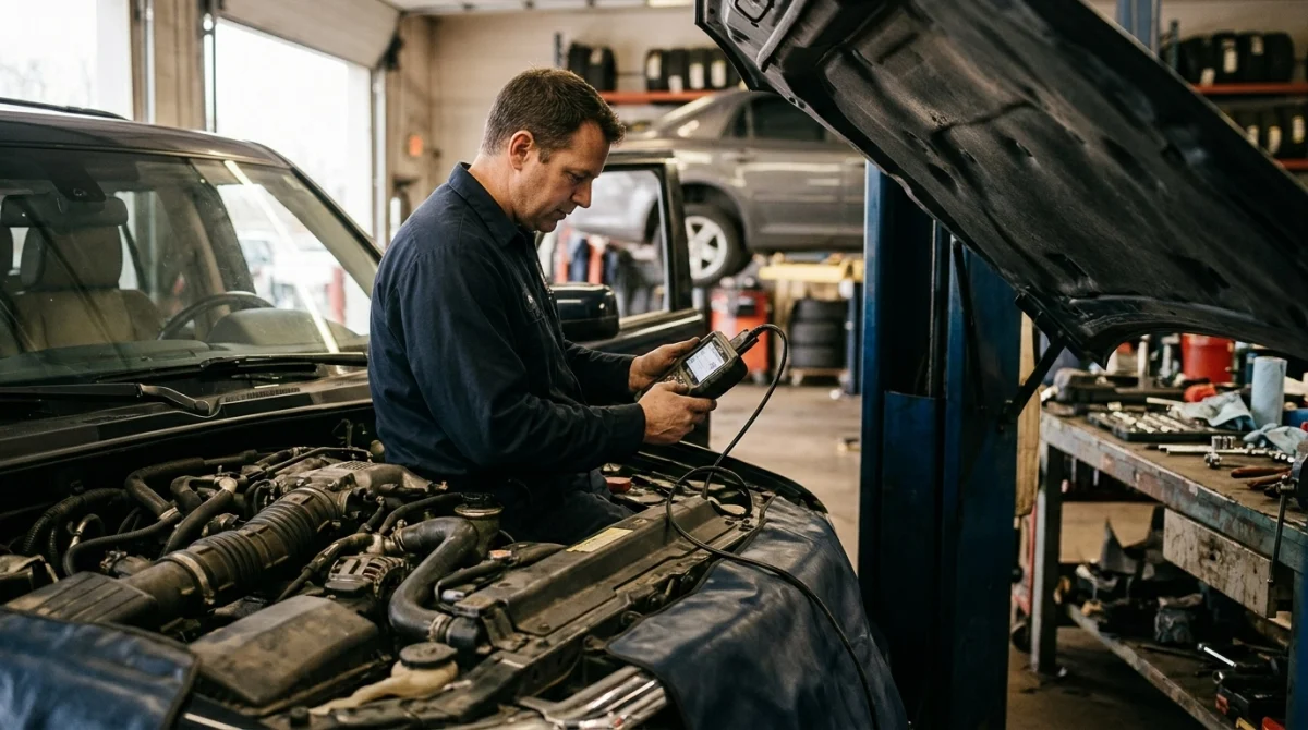 Technician comparing OBD2 fuel-trim readings at idle and elevated RPM beside an open engine bay.
