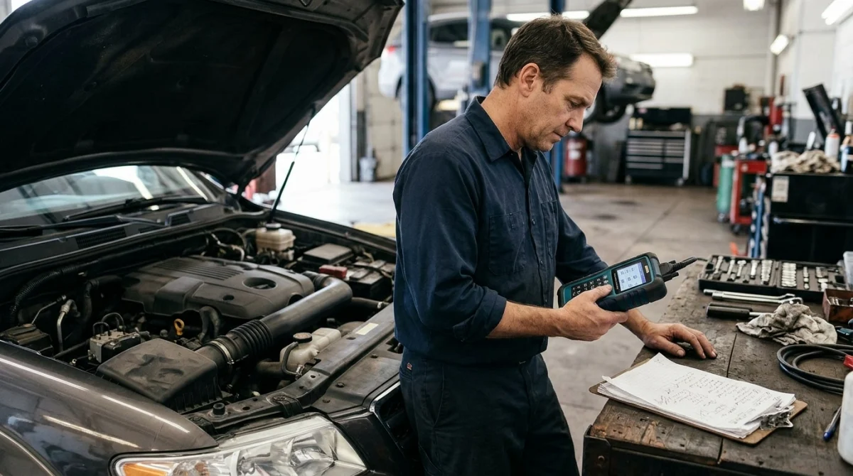 Technician comparing OBD2 fuel trim readings while inspecting a vehicle engine bay.