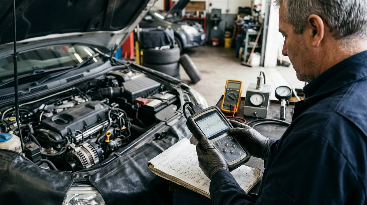 Automotive technician verifying rough-idle diagnosis with an OBD2 scanner and workshop testing tools.