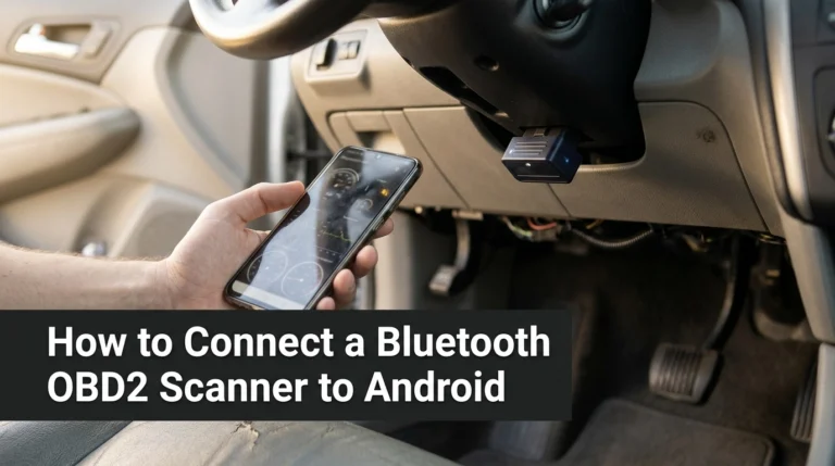 Bluetooth OBD2 scanner plugged into a car with an Android phone displaying diagnostic data.