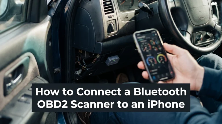 Bluetooth OBD2 scanner connected beneath a car dashboard beside an iPhone displaying diagnostic data.