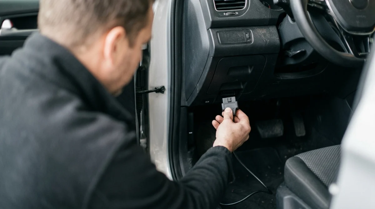 Hands connecting an OBD2 scanner to the diagnostic port beneath a car's steering wheel.