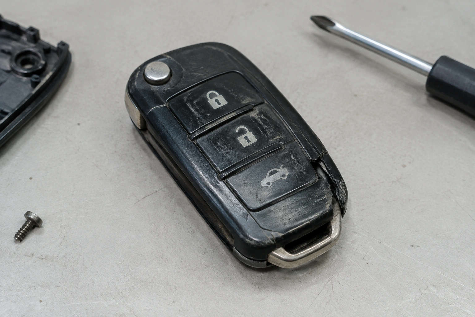 Close-up of a damaged car key fob shell with worn buttons